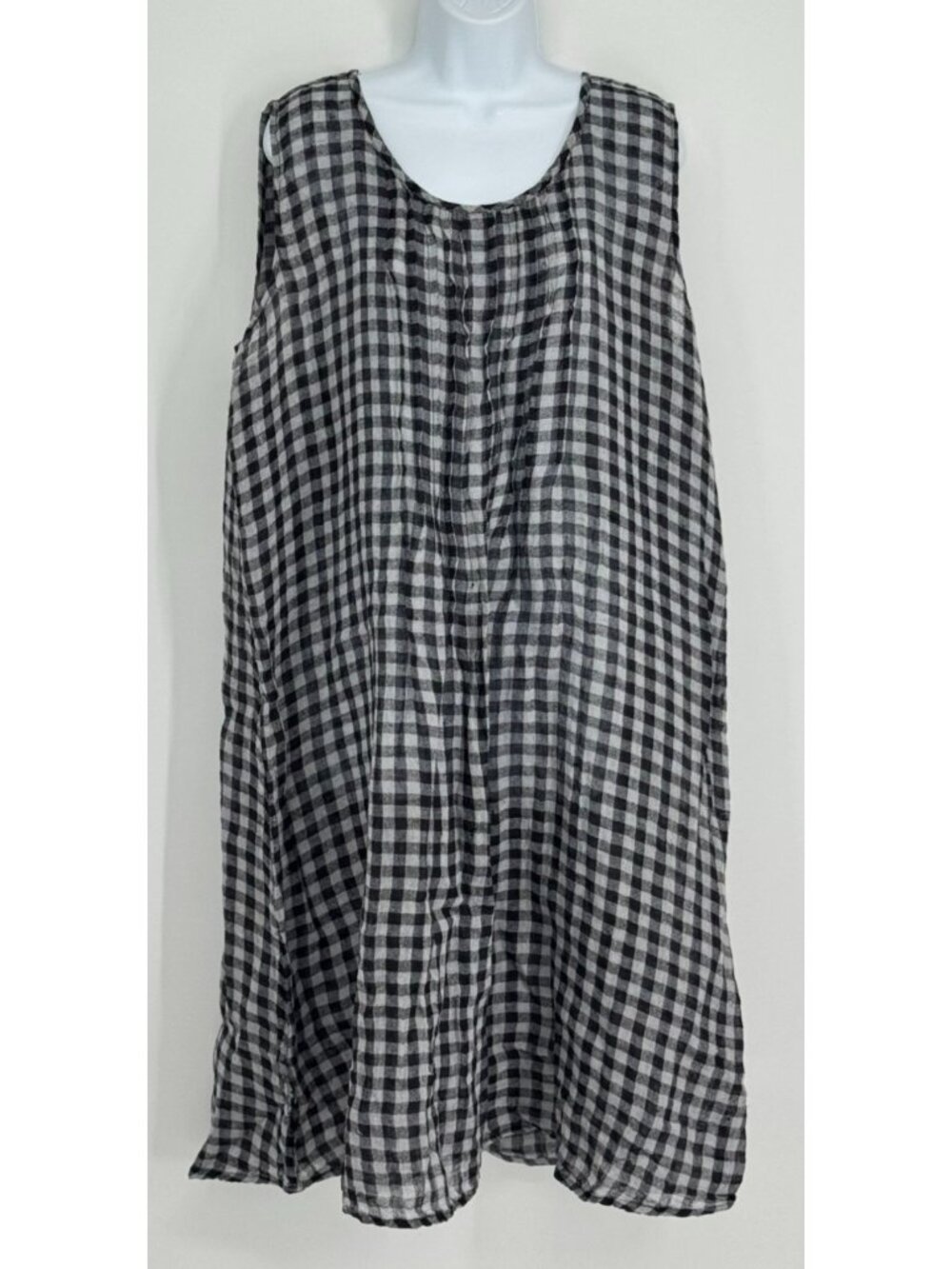 Flax Linen Gingham Check Shift Dress Large L Black White Sleeveless Lagen